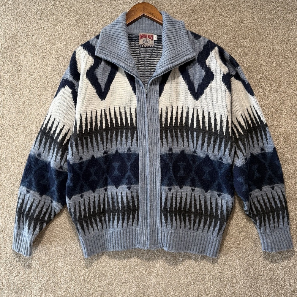 Sweaterhouse Extra Soft Zip Jacket L Blue Aztec Nordic USA Made Vintage Comfort